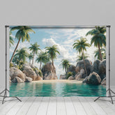 Lofaris Peaceful Island Scene Palms Rock Formation Backdrop